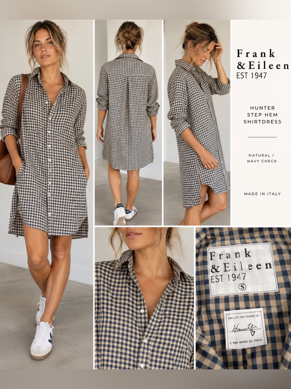 Frank & Eileen Hunter Step Hem Shirtdress Natural/Navy Blue Check Size S
